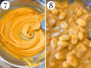Two photos showing gnocchi being added to squash sauce.