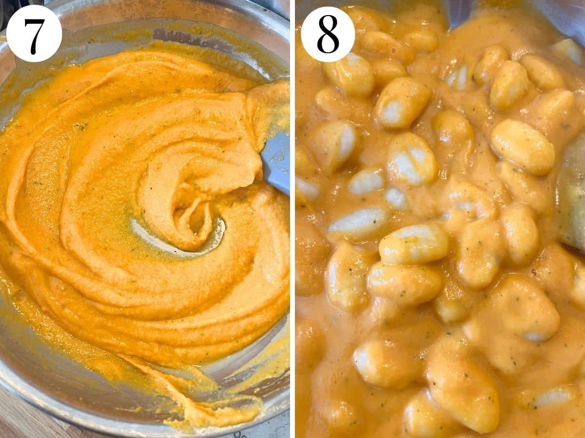 Two photos showing gnocchi being added to squash sauce.