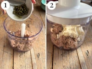Two photos showing tuna dip ingredients in a food processor.