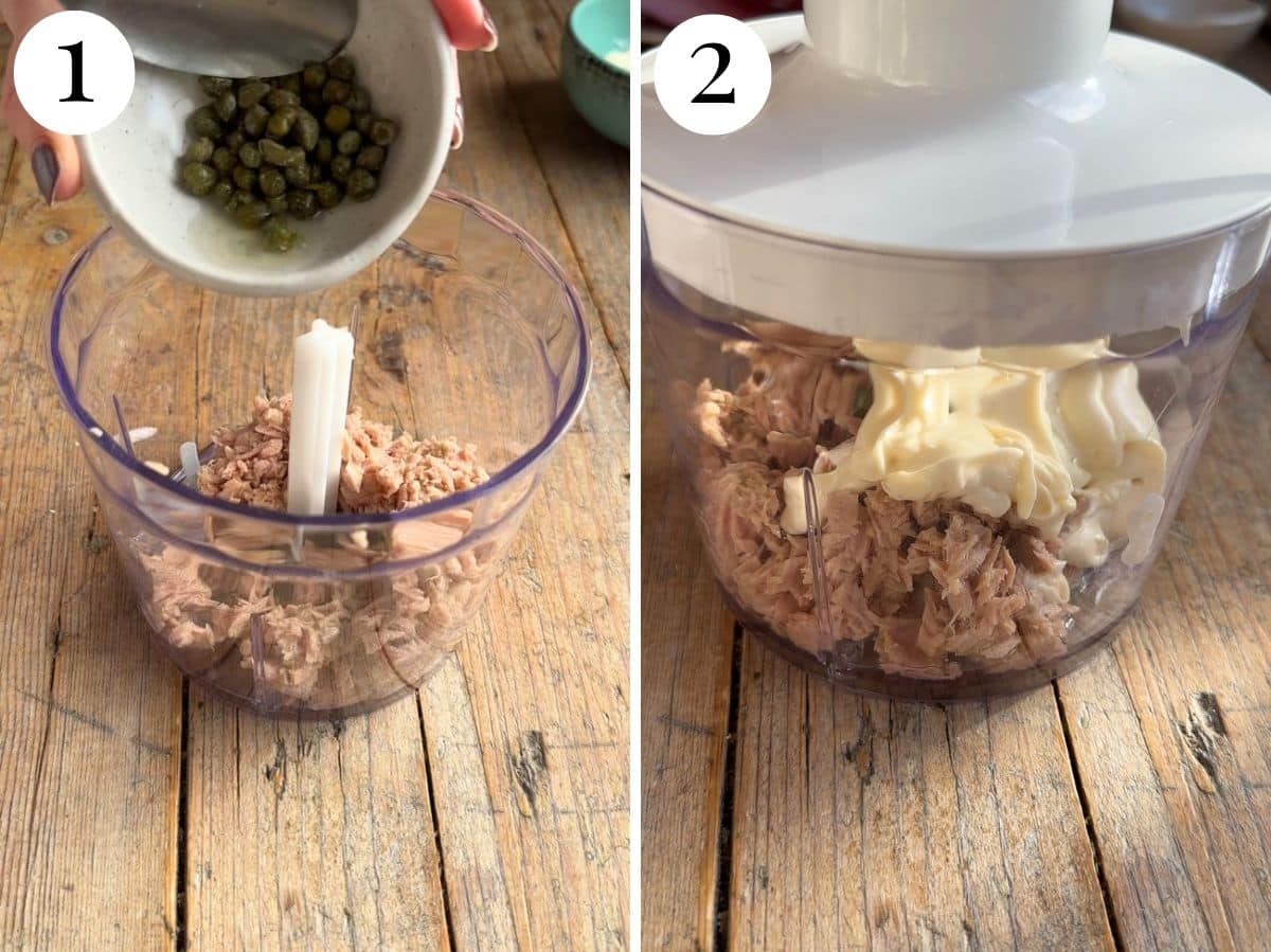 Two photos showing tuna dip ingredients in a food processor.
