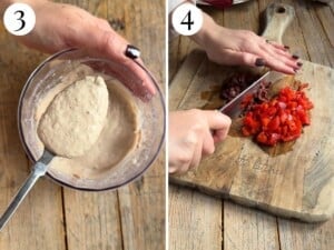 Two photos in a collage showing the creamy consistency of the dip and chopping up the topping.