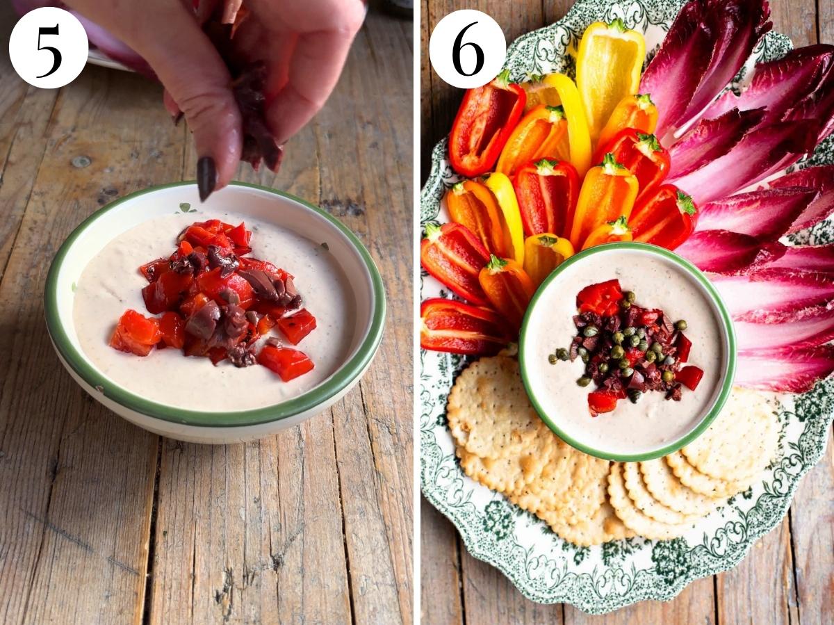 Two photos showing how to serve the tuna dip.